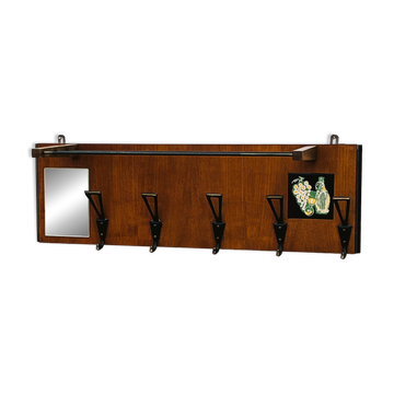 Vintage wooden wall coat rack mirror from the 1960s.
