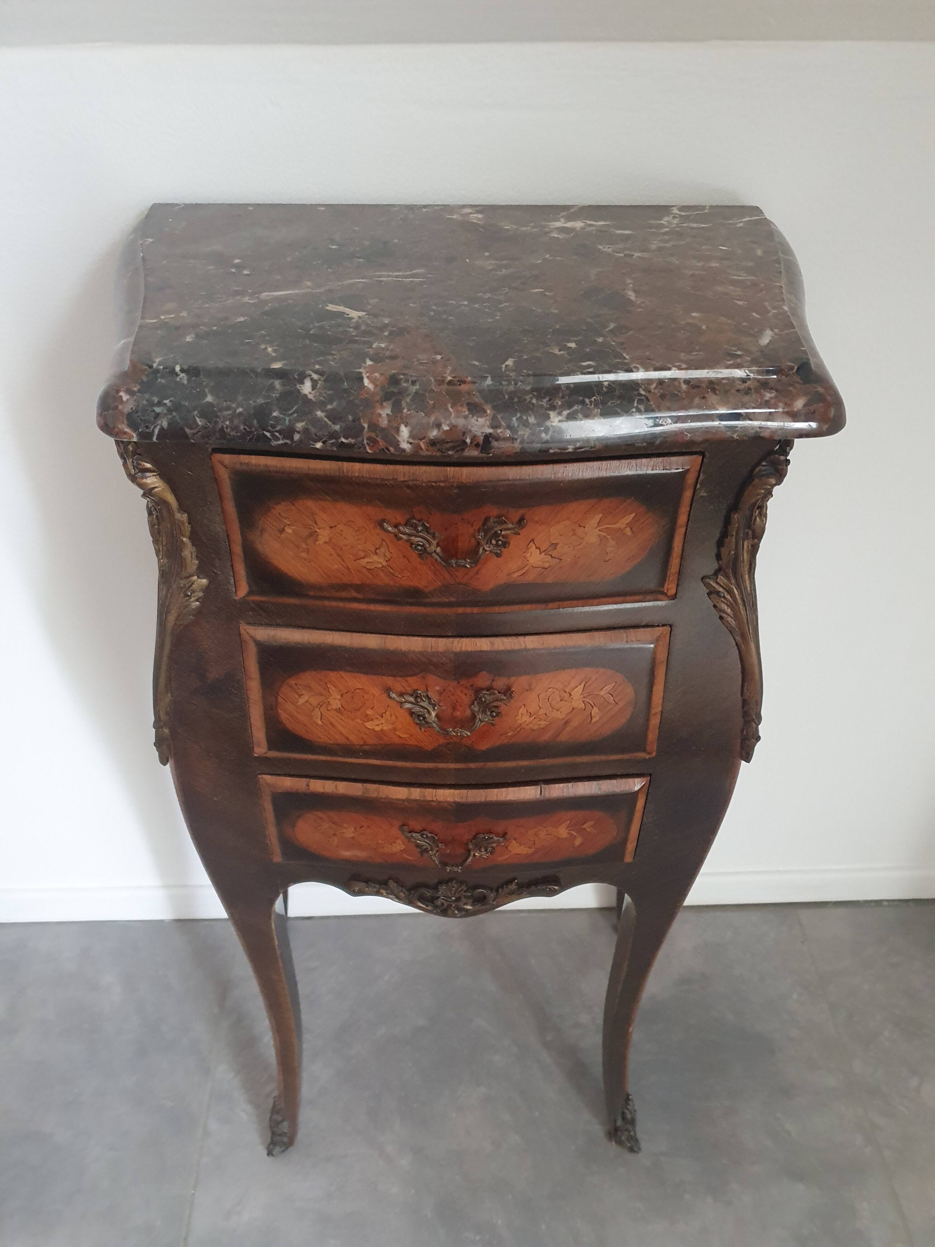 Antique marquetry bedside table, marble top