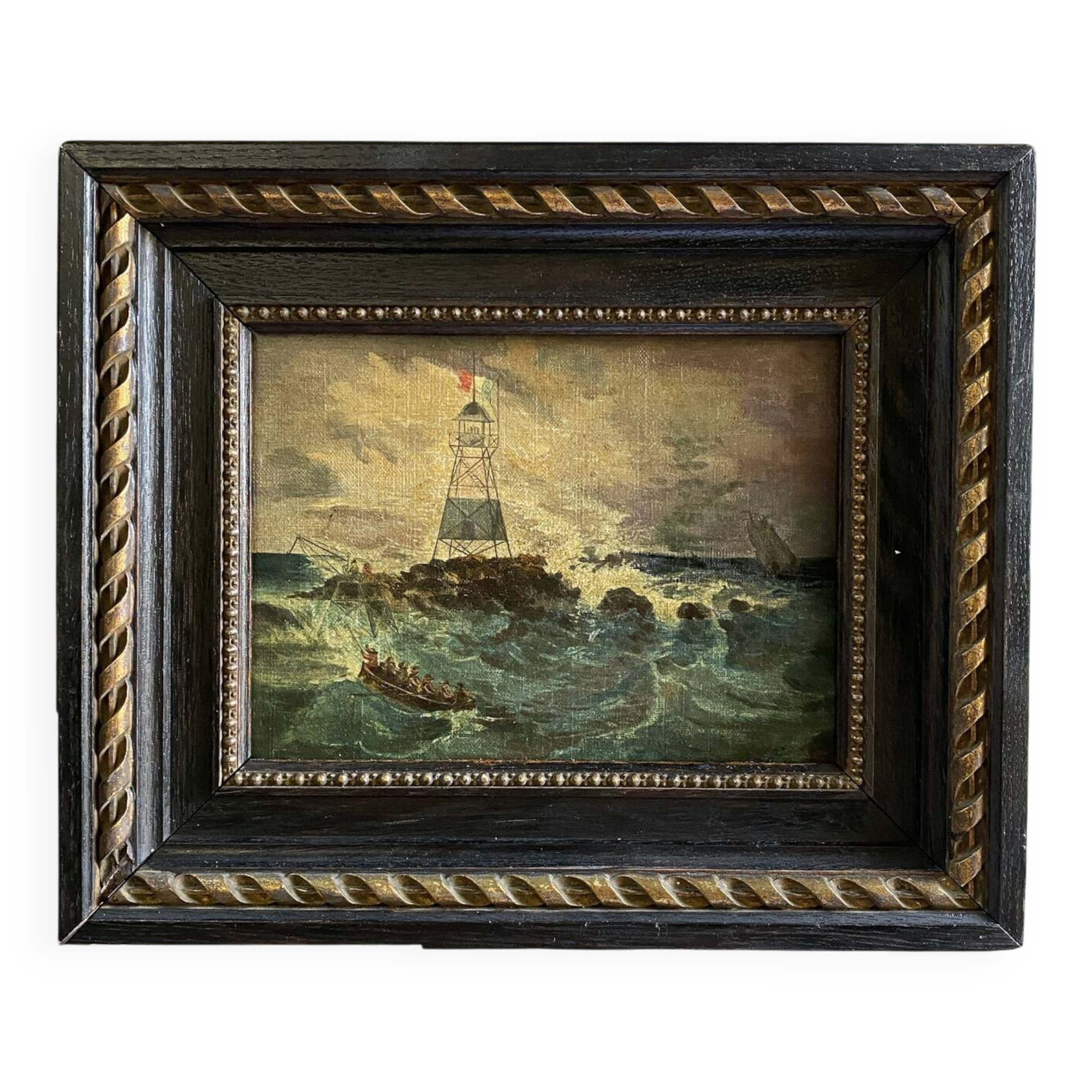 19th century miniature painting "The lighthouse in the storm"