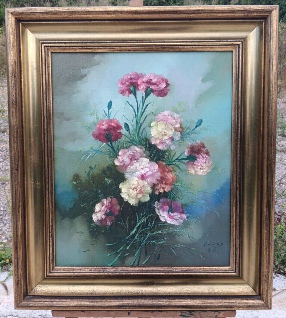 Vintage 20th Century Blooming Bouquet Still Life Oil Painting on Canvas