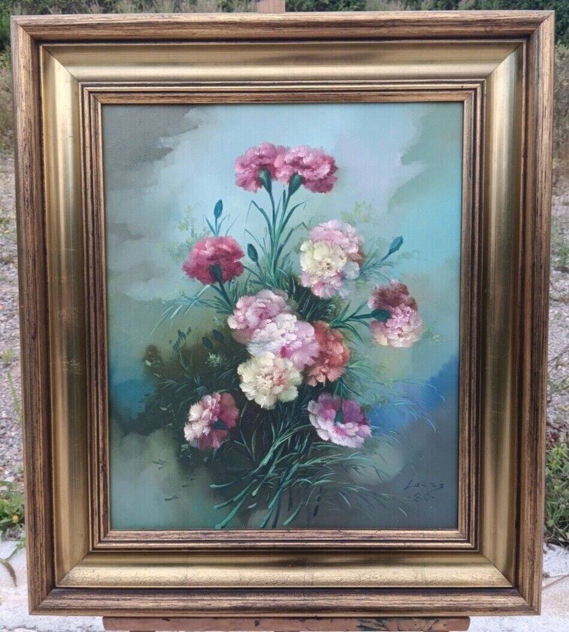 Vintage 20th Century Blooming Bouquet Still Life Oil Painting on Canvas