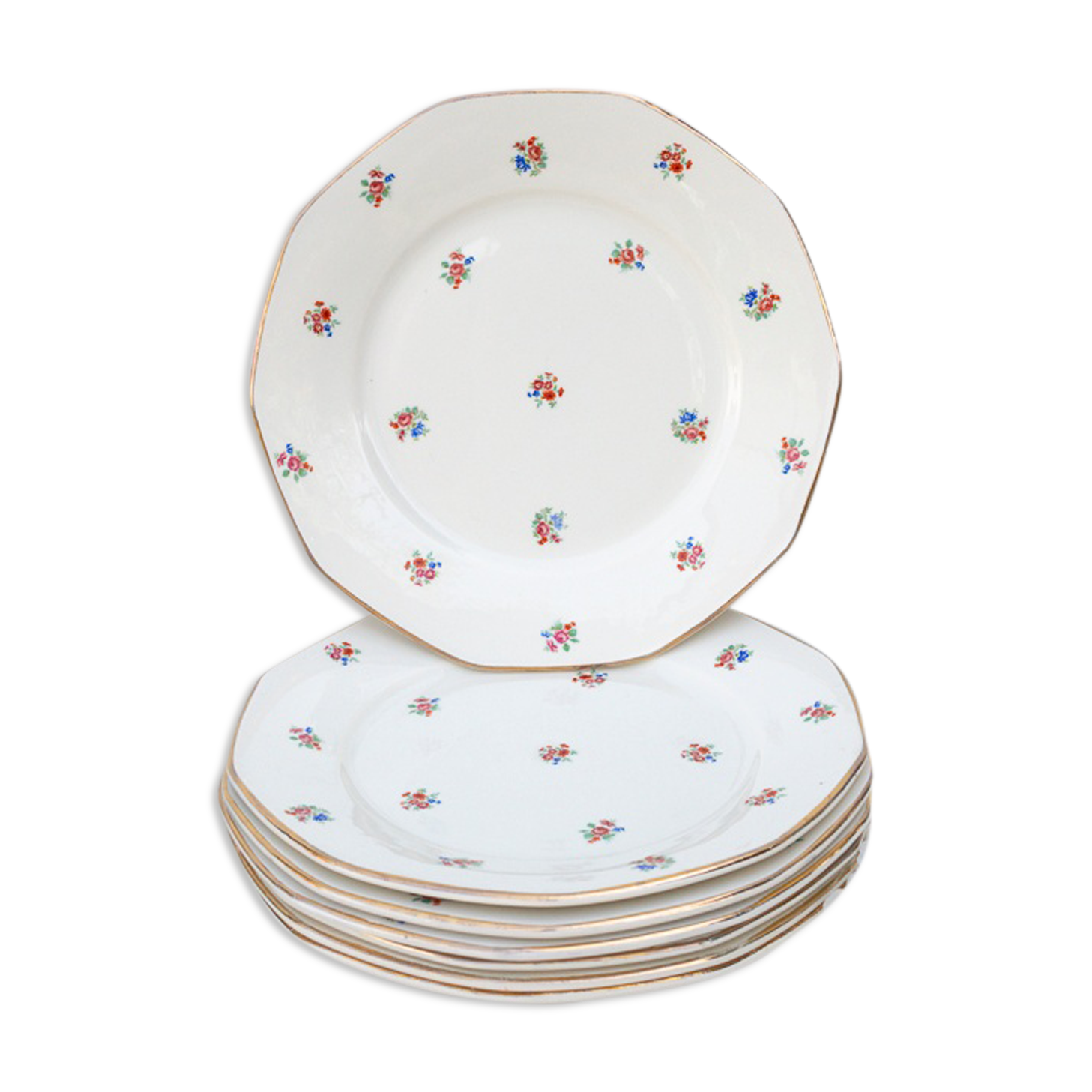 6 flat plates pattern small flowers signed Sarreguemines