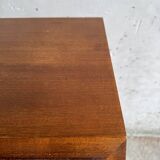 DeCoene antique wood writing desk with beige striped upholstered chair, brass-accented classic set