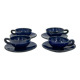 Set of 4 vintage ceramic cups and saucers, cobalt blue glaze.