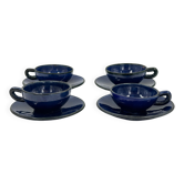 Lot de 4 tasses et soucoupes vintage en céramique d’atelier, émail bleu cobalt