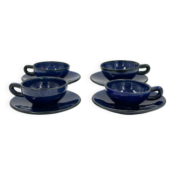 Set of 4 vintage ceramic cups and saucers, cobalt blue glaze.