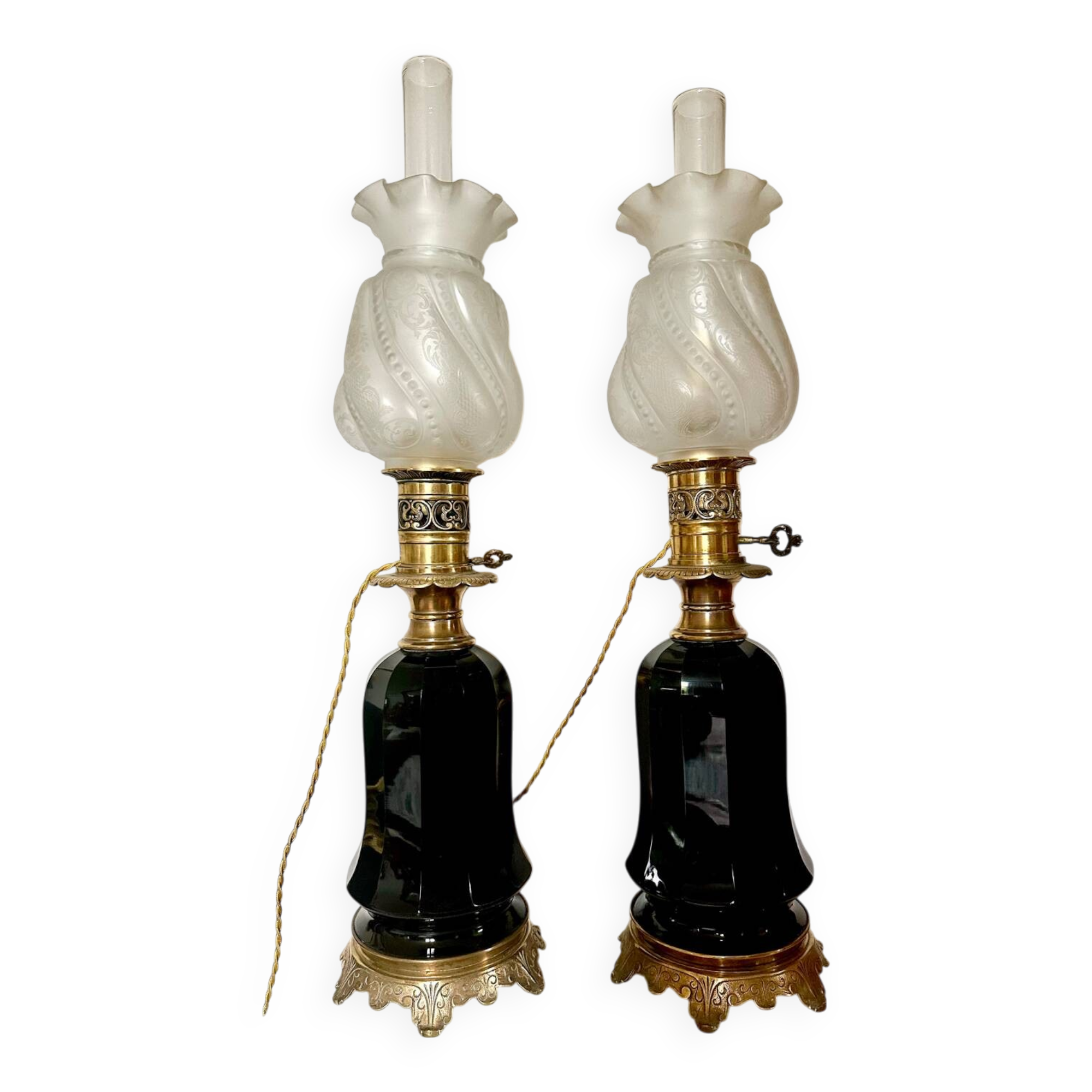 Pair of Napoleon III bronze and glass lamps