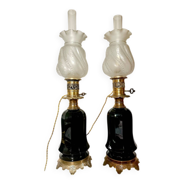 Pair of Napoleon III bronze and glass lamps