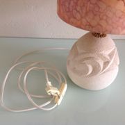 Ovoid lamp in carved stone and printed lampshade / vintage 60-70s