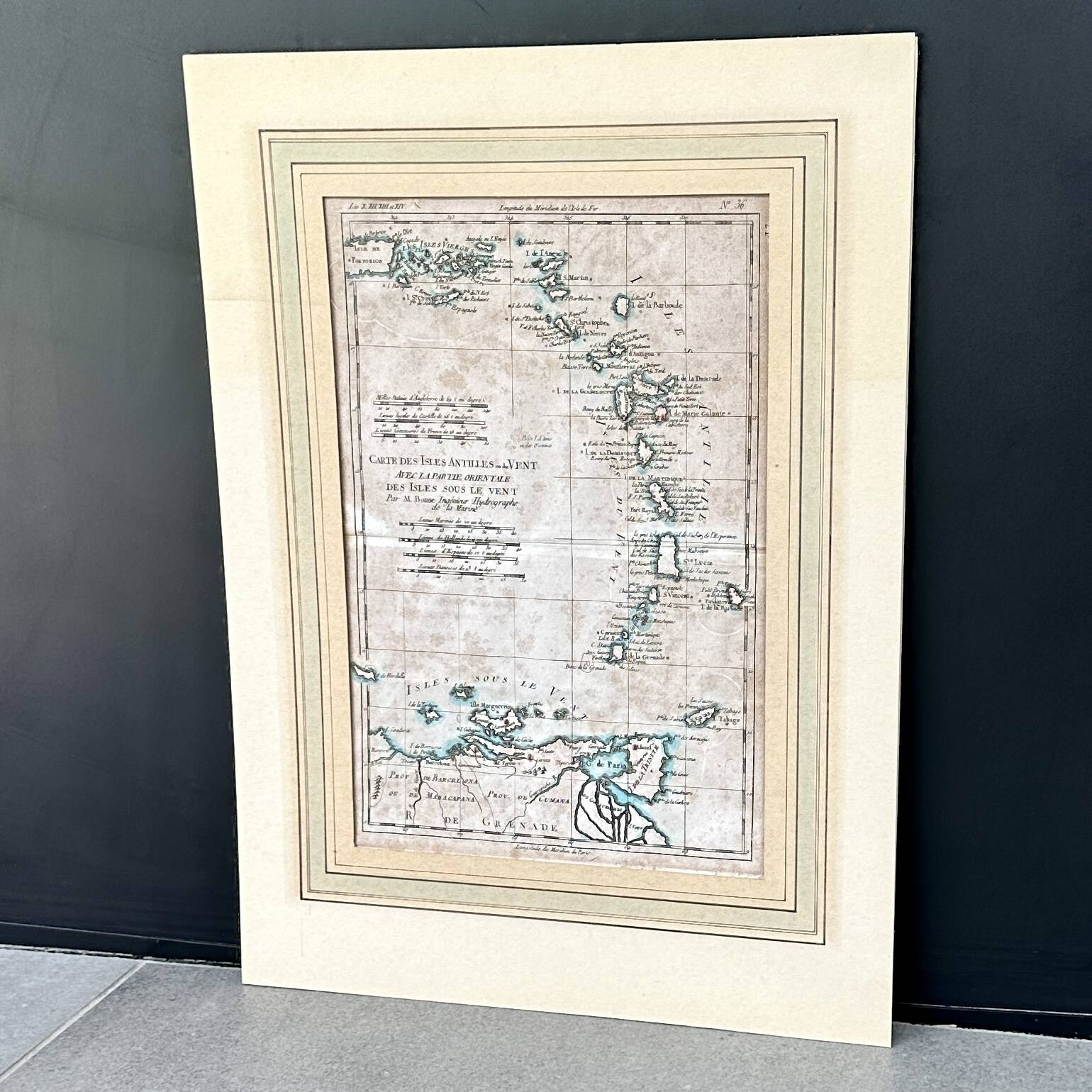 Watercolor map of the Antilles - Engraving from 1785