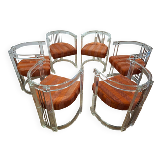 Set of 6 Acrylic and Chrome Chairs, Italy, 1970s