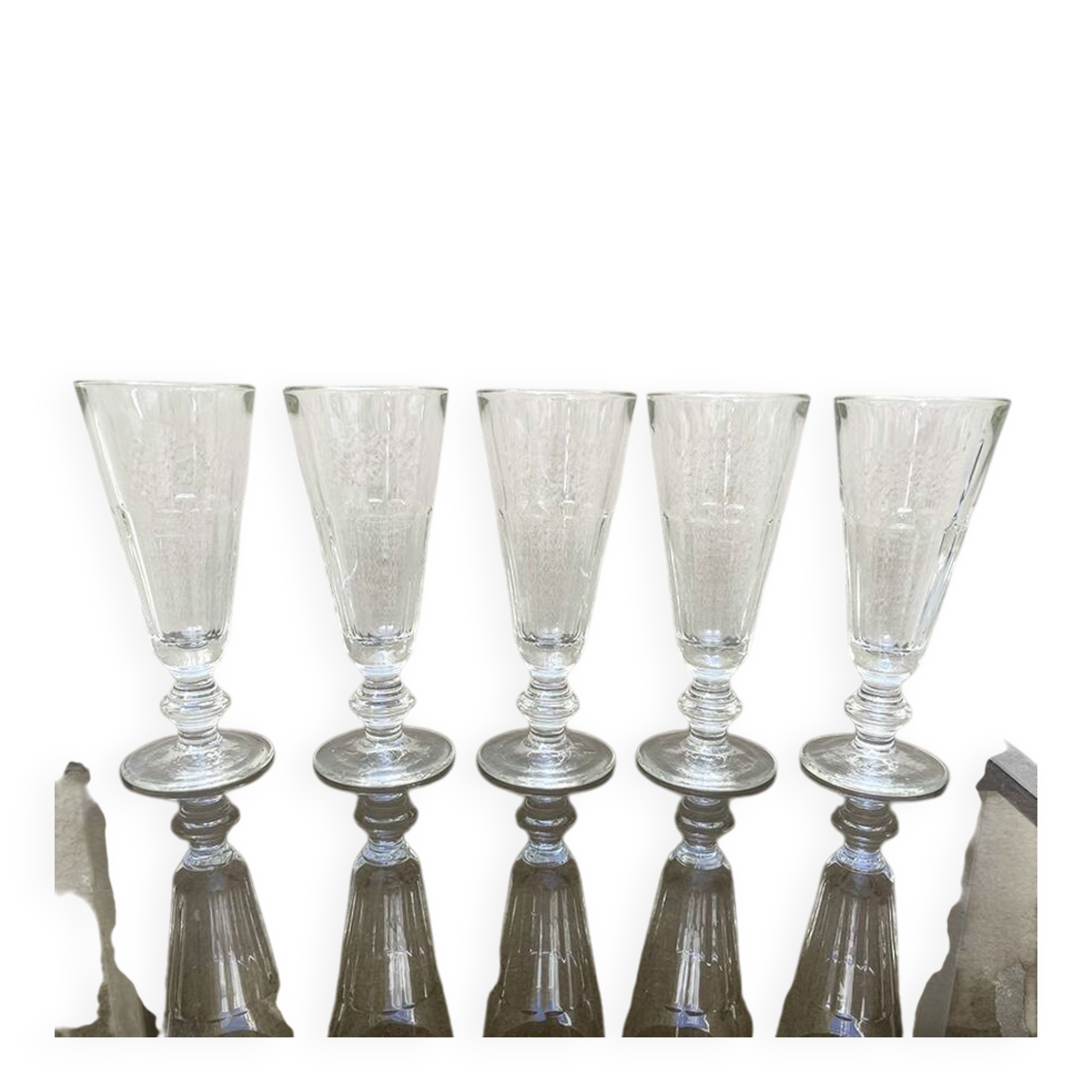 5 antique Caton-style champagne flutes in glass or crystal