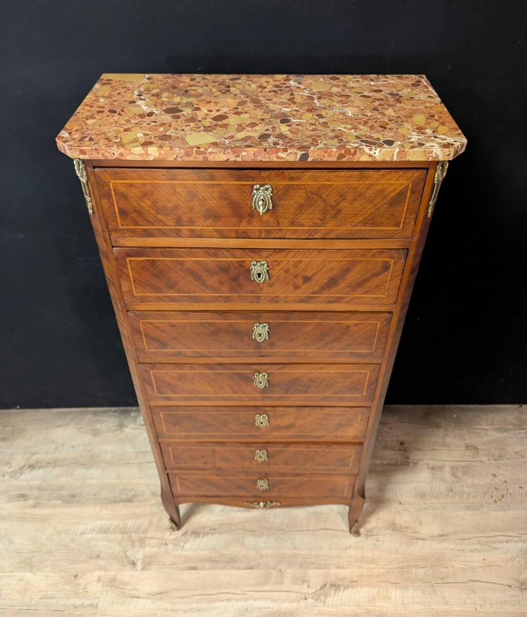 Louis XV chest of drawers in marquetry, with a marble top.