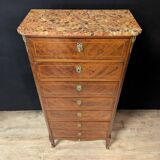 Louis XV chest of drawers in marquetry, with a marble top.