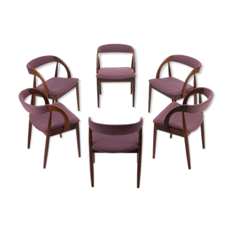 Set of 6 dining chairs in teak and purple fabric, Denmark 1960s