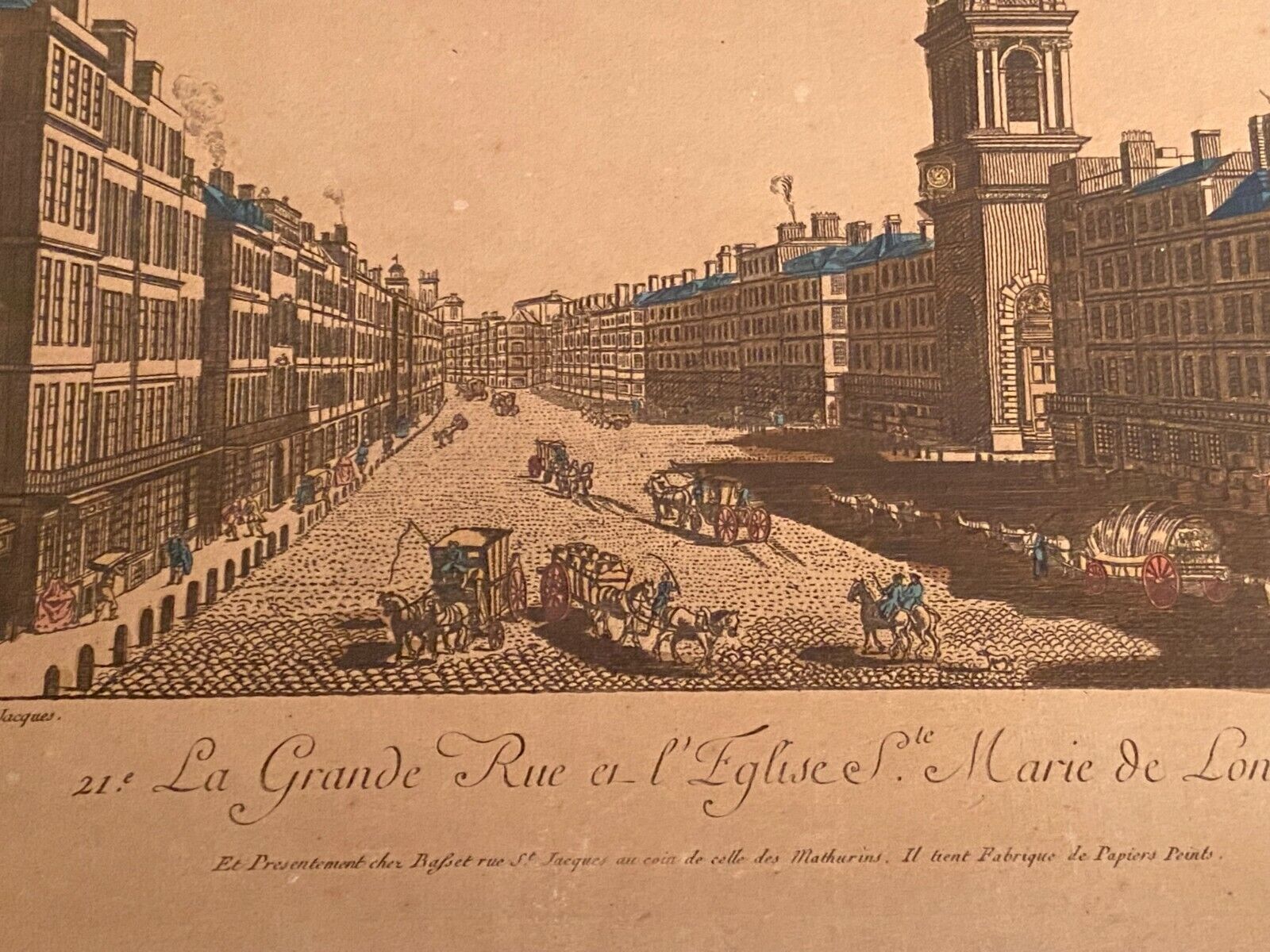 Engraving from optical view The main street and the Church of Sainte Marie Londres
