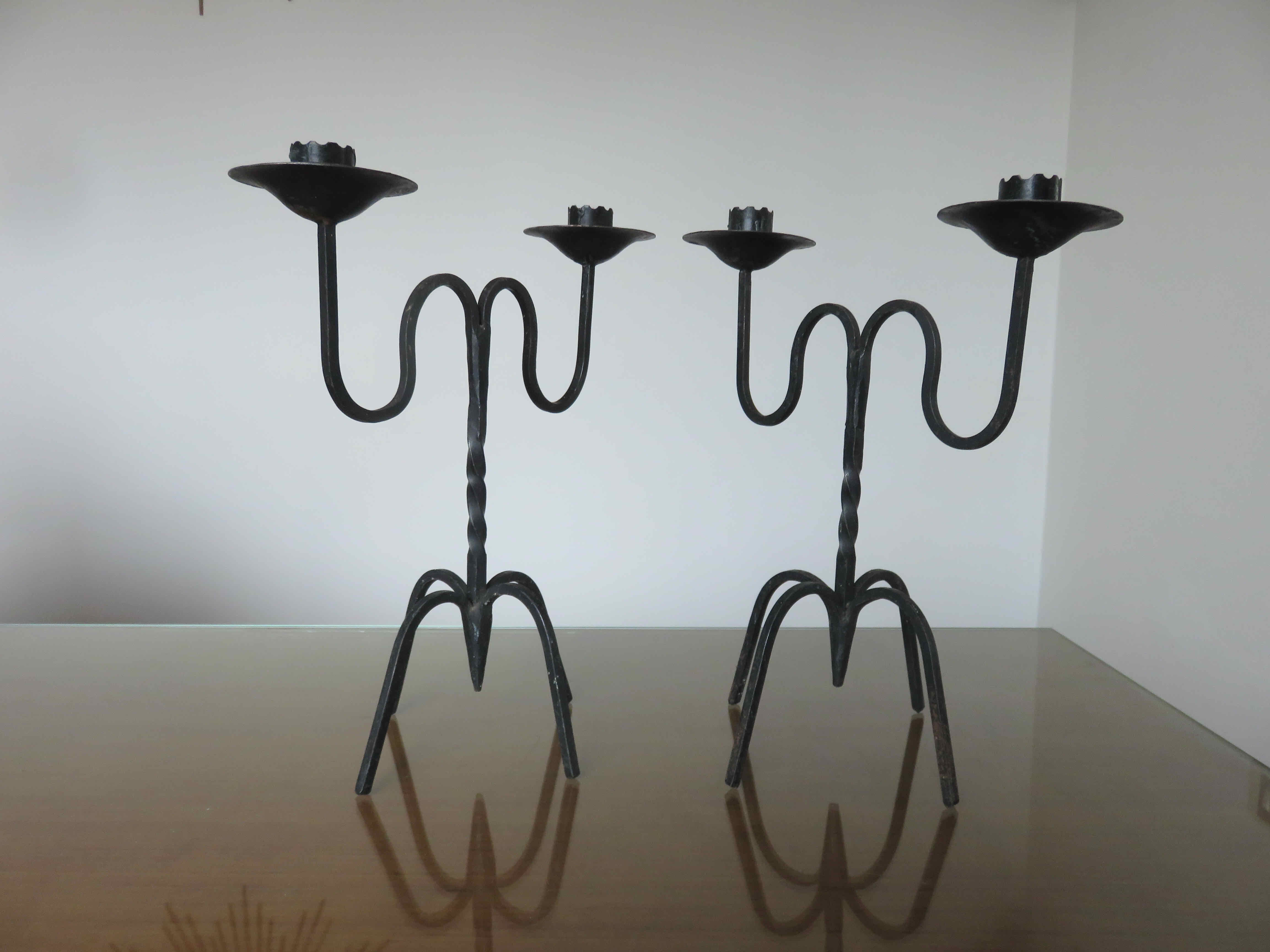 Pair of black wrought iron brutalist candlesticks 50s 60s