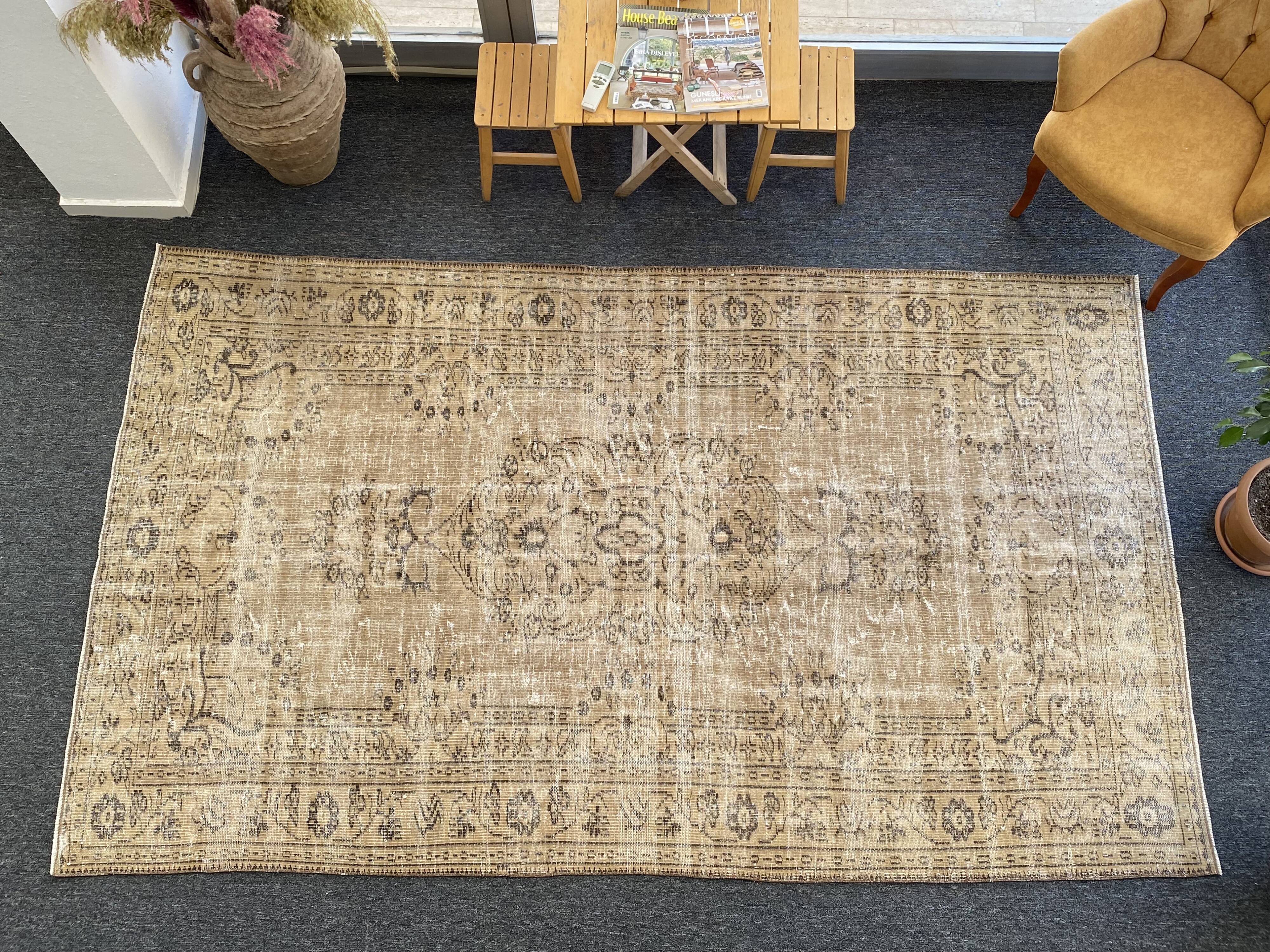Tapis Oushak beige décor rustique, 6x10, surteint sable, pour salon, MOON.145