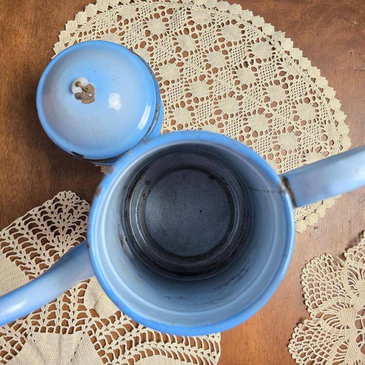 Antique blue enamel coffee pot – complete – floral decoration – 1930s