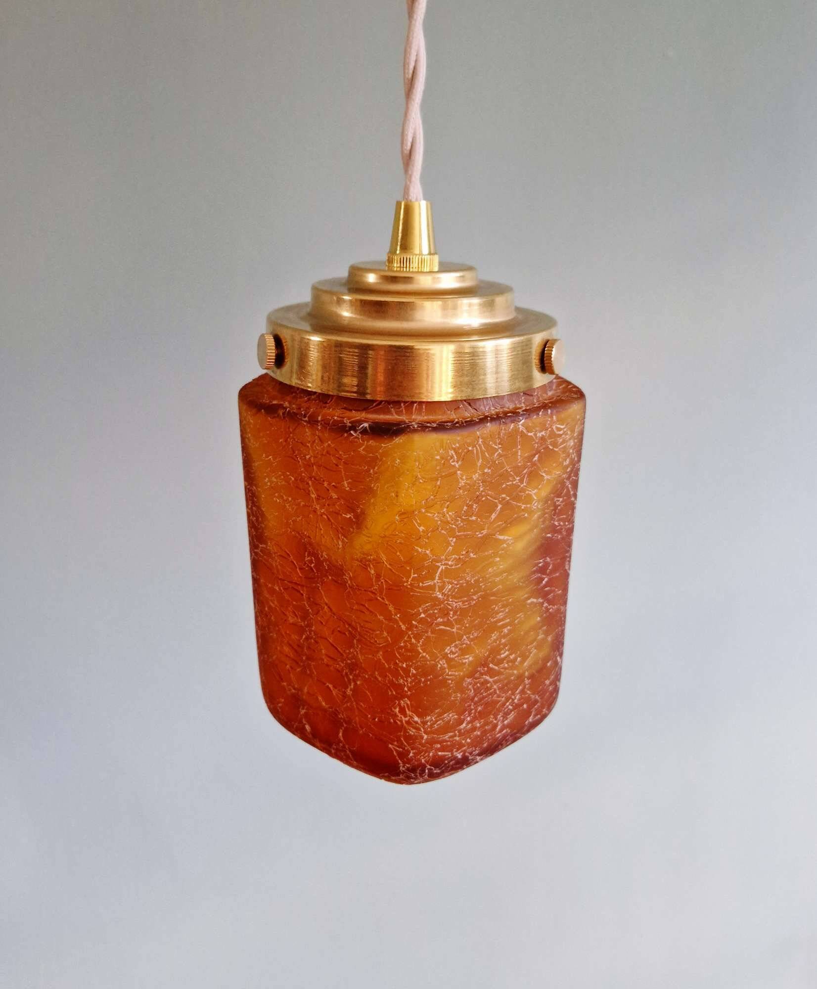 Suspension art déco en verre craquelé couleur ambre, 1920-30