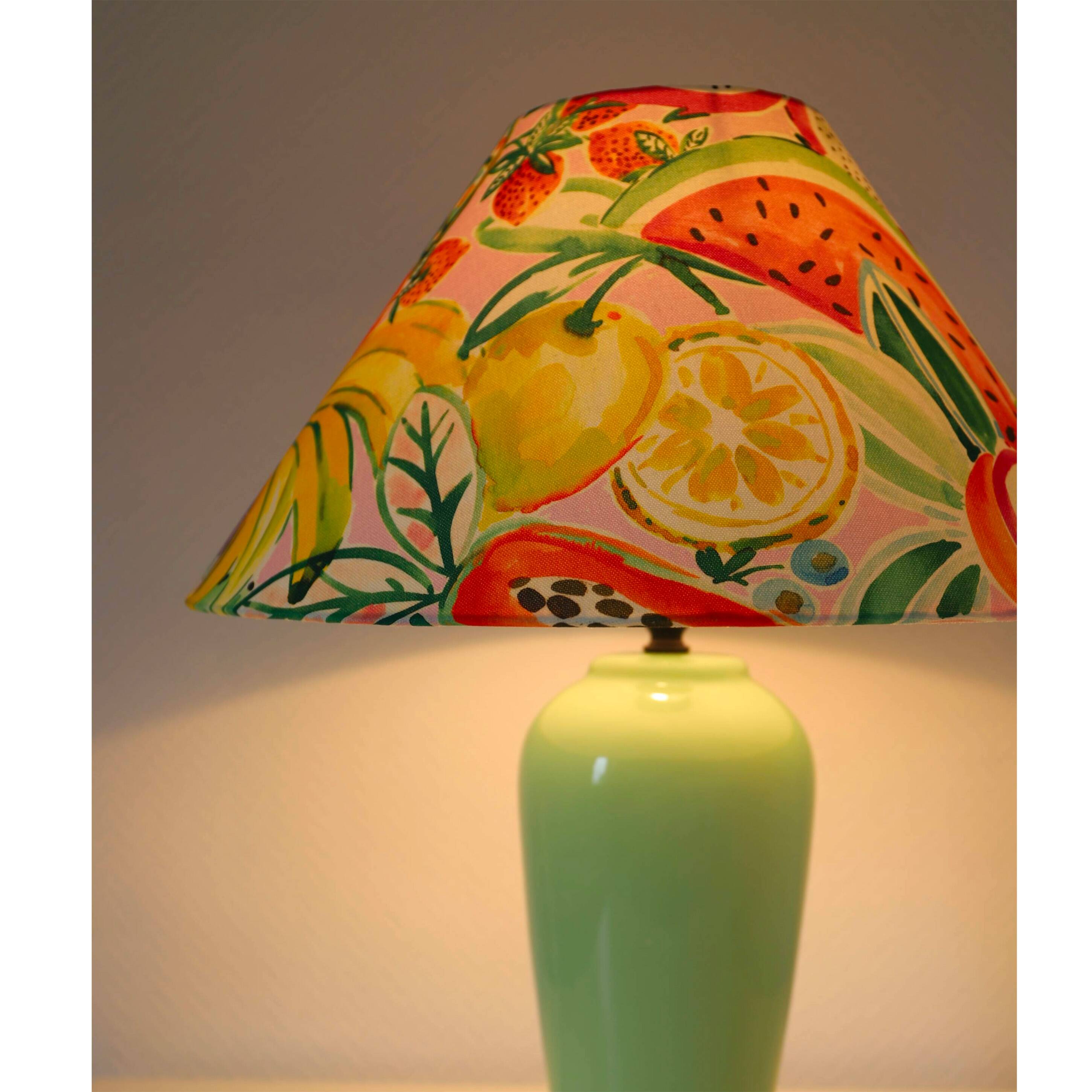 Vintage water green ceramic foot lamp with “fruit” printed lampshade