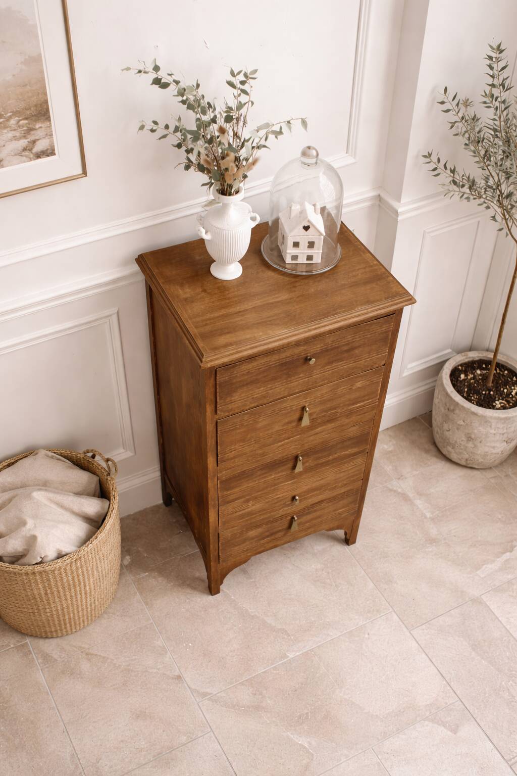 Art Deco chest of drawers in raw wood with 5 drawers.