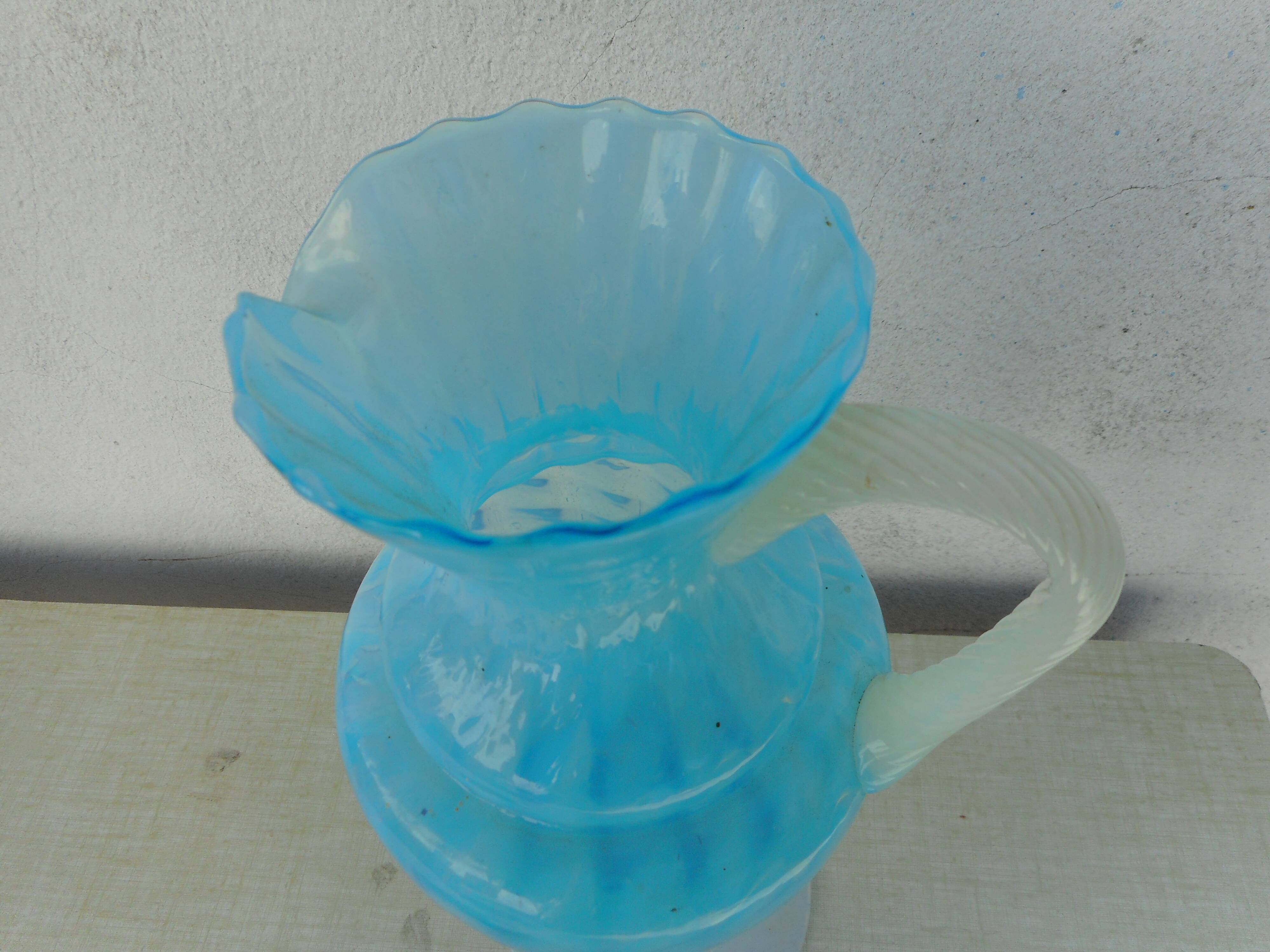 Blue and white opaline pitcher