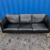 Danish vintage 3 setaer black leather sofa, 1970s