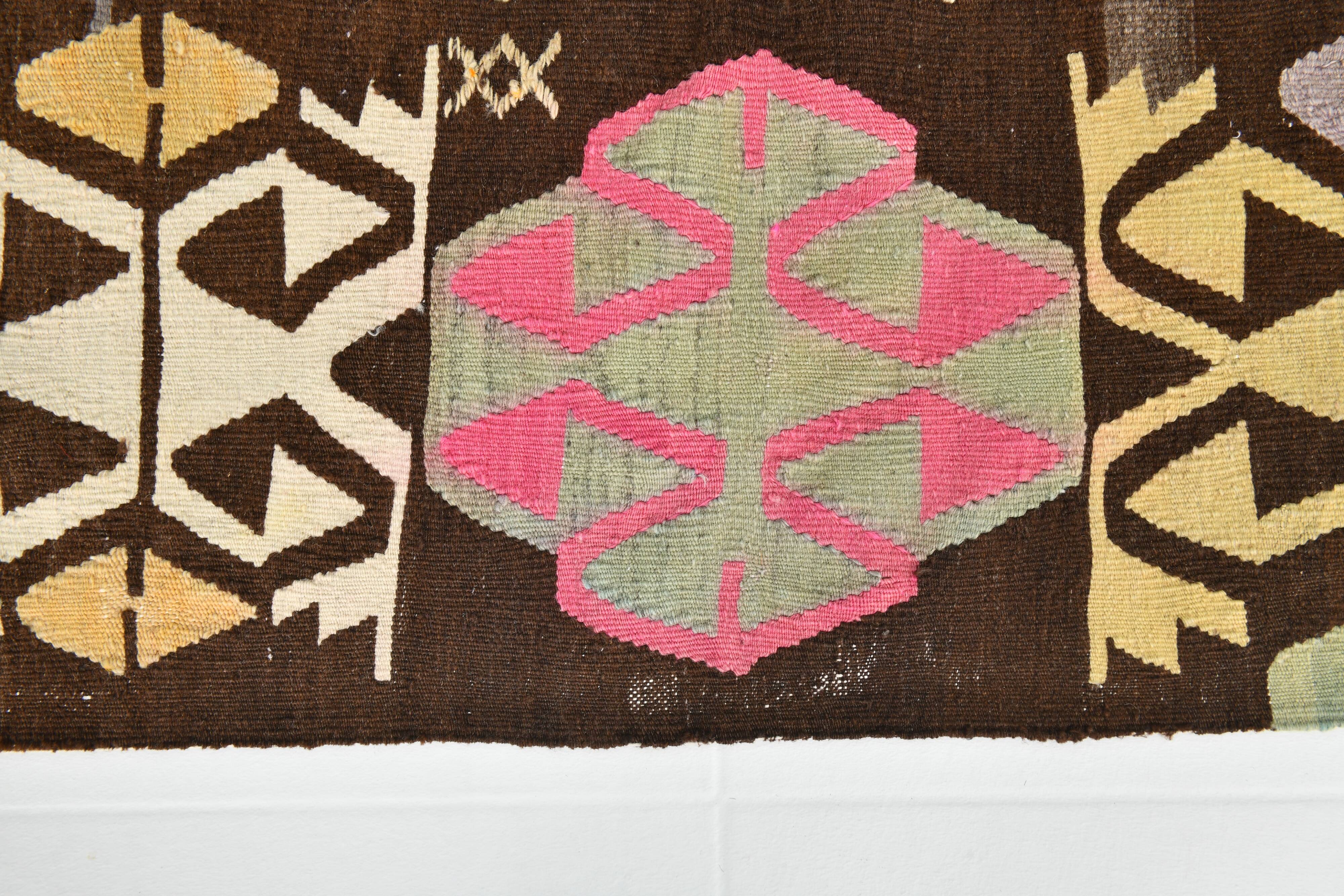 5x10 Long Wide Brown & Pink Tribal Vintage Kilim Rug, 163x298Cm