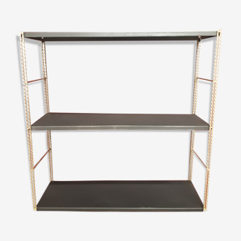 Etagère vintage String  black mat et montants torsadé or      49x49 cm   1960