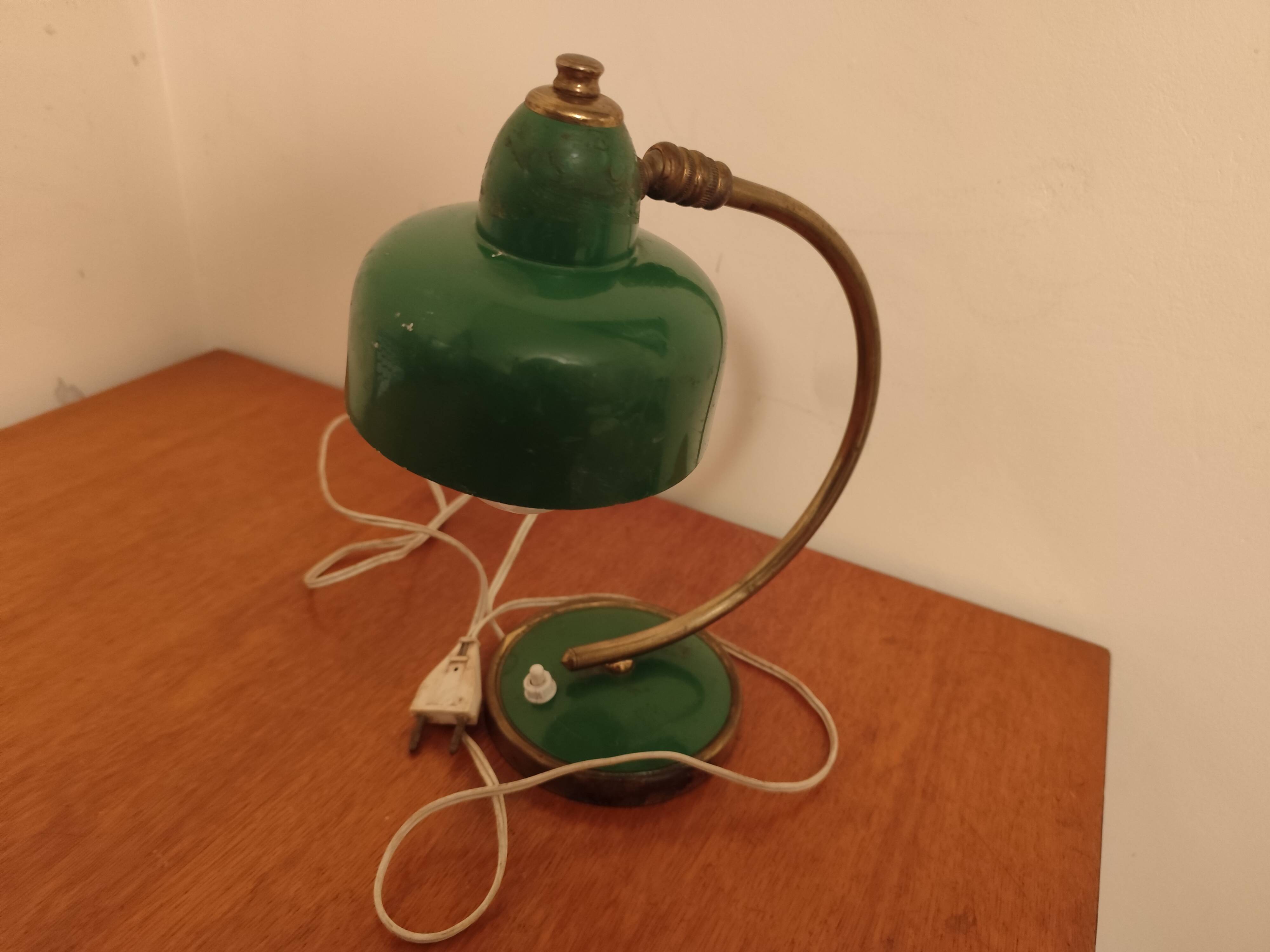 Vintage Scandinavian Art Deco desk lamp from the 40s, golden brass, retro, moon shape, swan neck