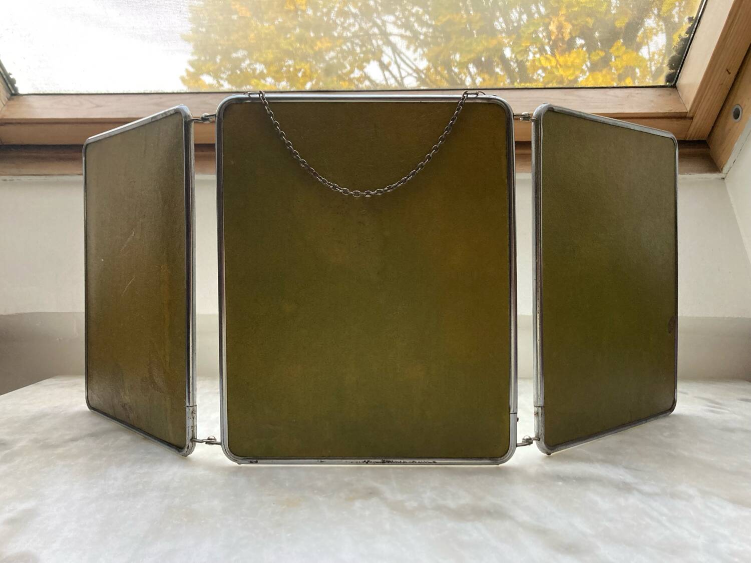 Vintage vertical beveled triptych barber mirror