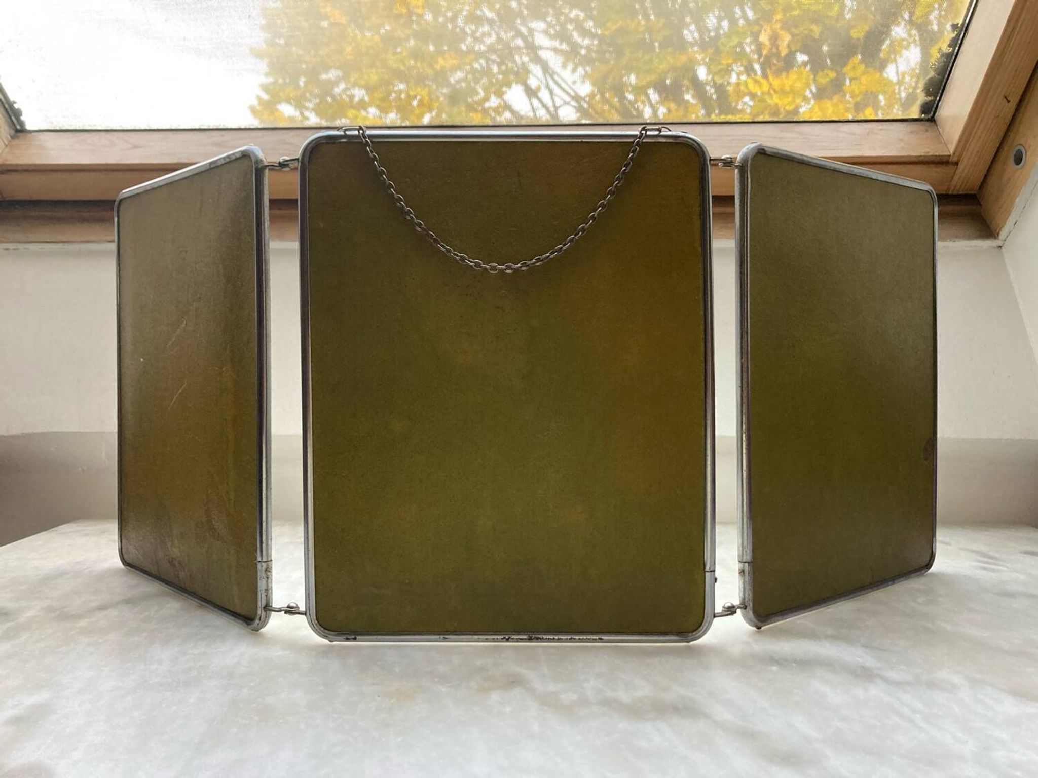 Vintage vertical beveled triptych barber mirror
