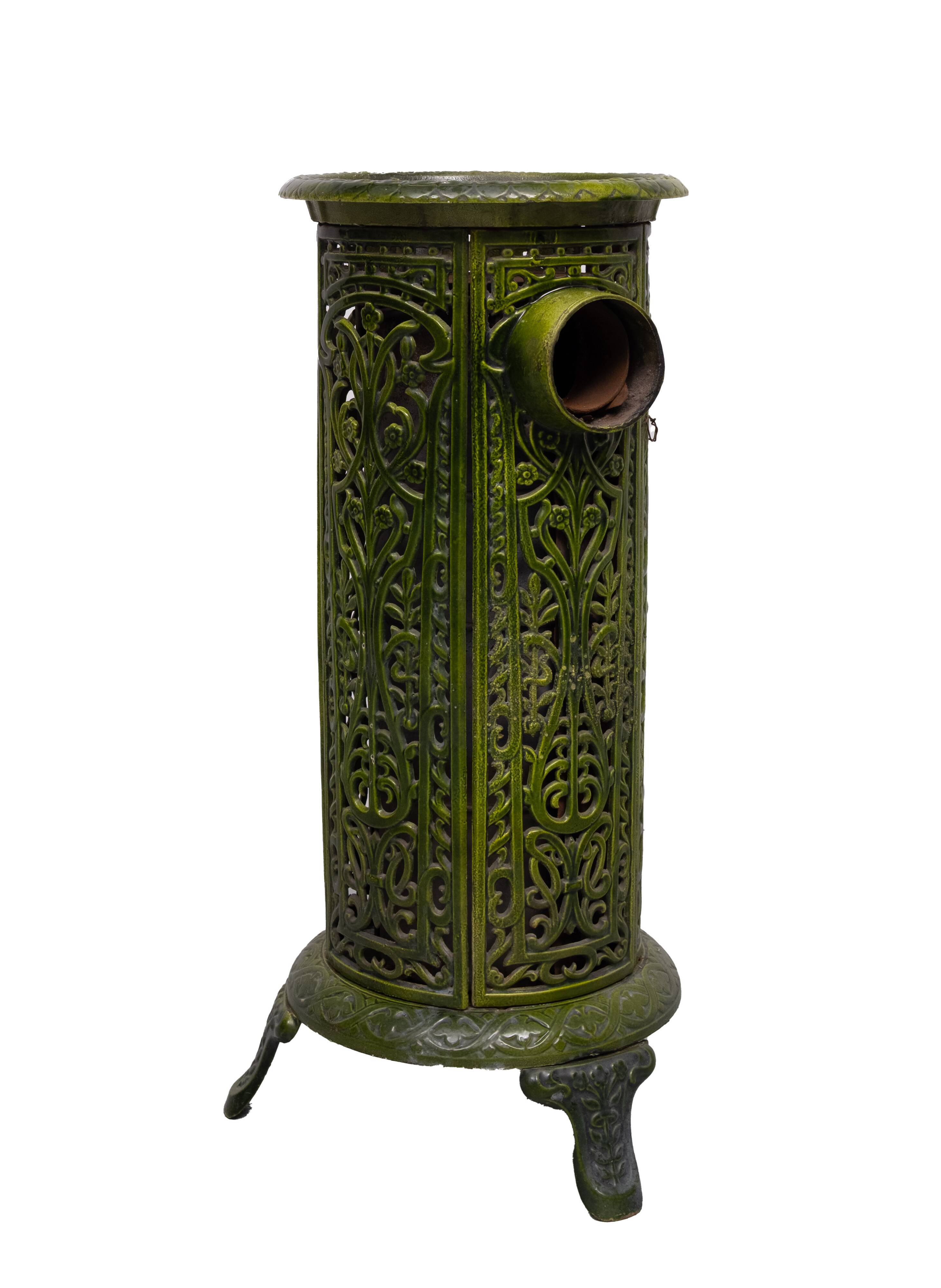 19th Century French Green Enameled Cast Iron Heater Stove