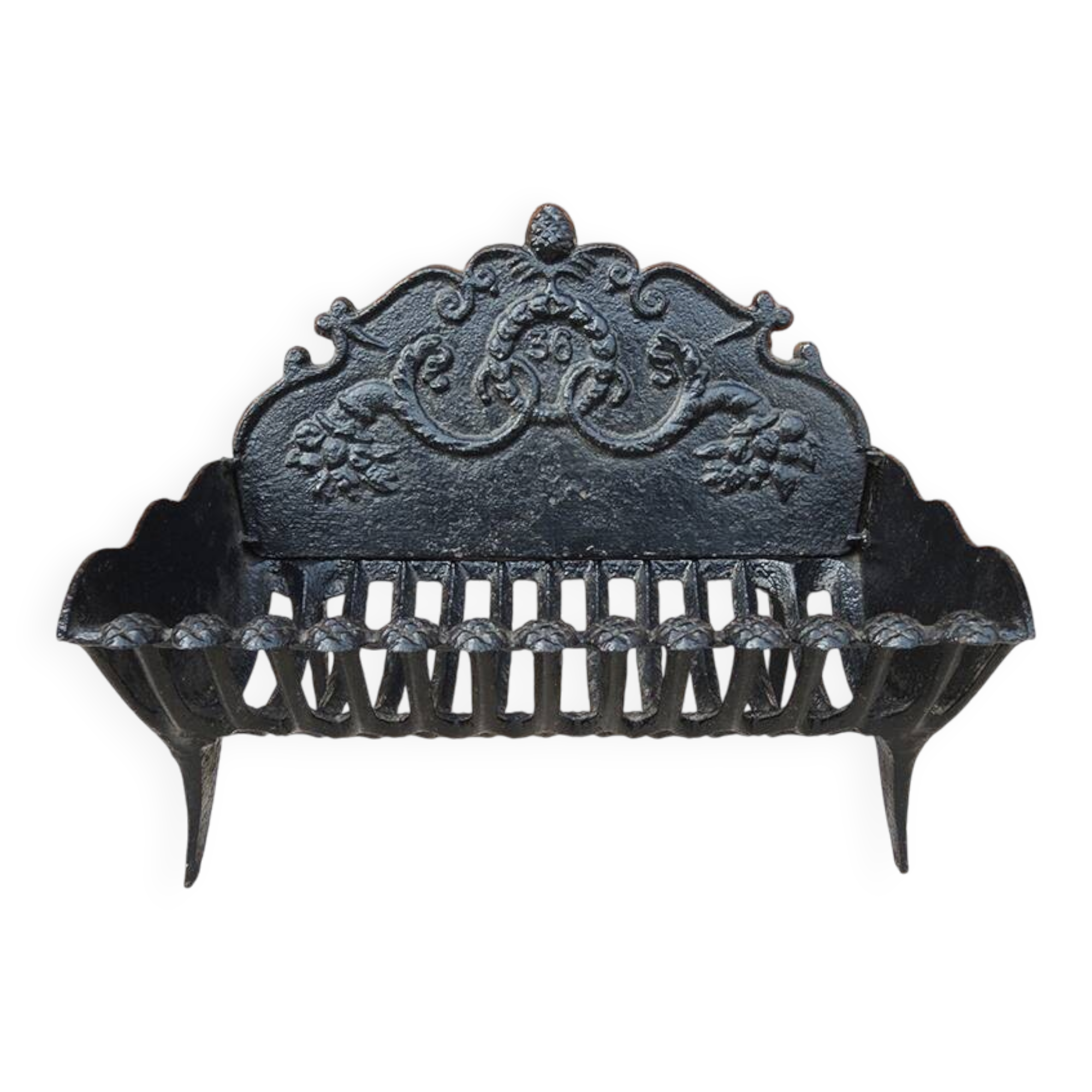 Old cast iron log cradle with backrest