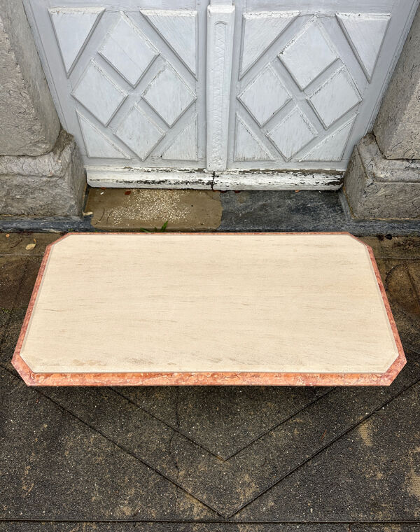 Table basse ancienne vintage en travertin et marbre rose