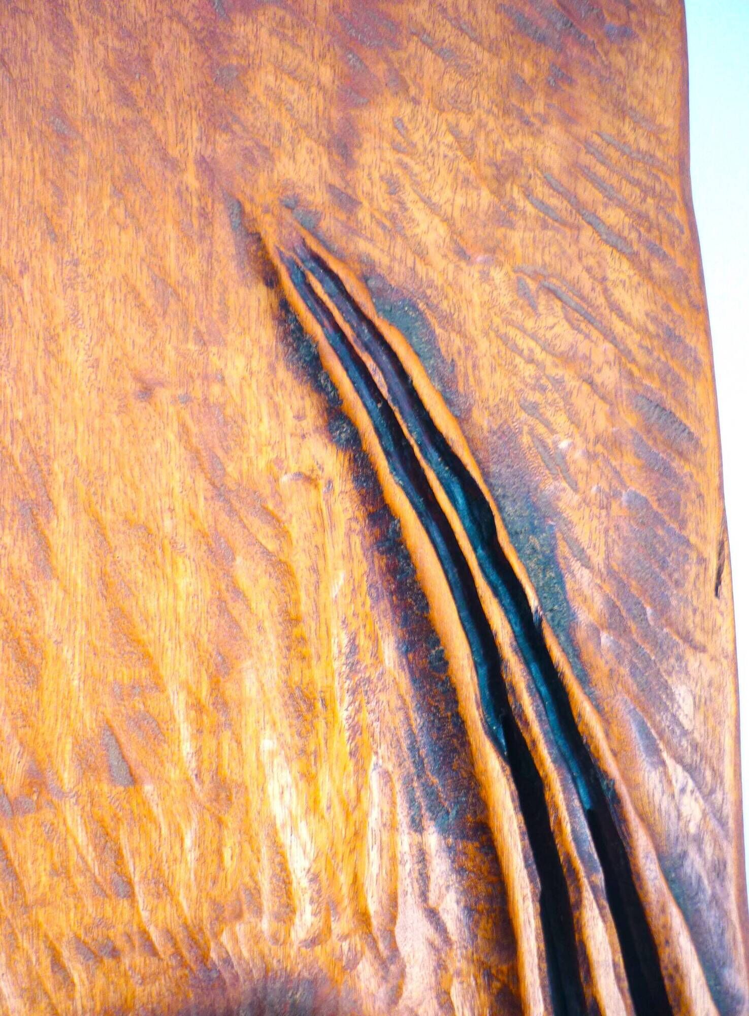 Carved wooden mirror, signed P. Guallino, "le passage", brutalist design from the 80s