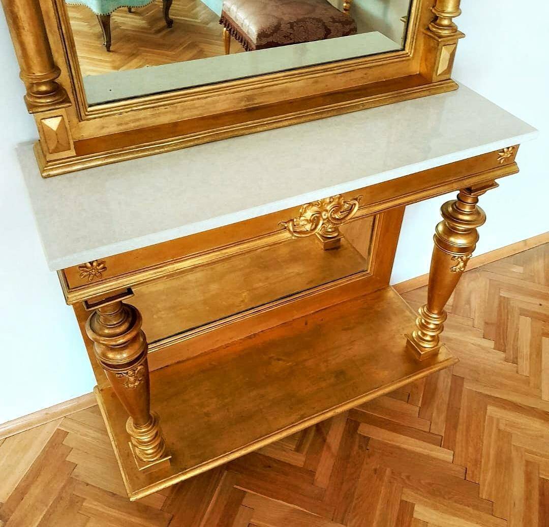 Table console victorienne en bois doré avec miroir et plateau en marbre, Autriche 1880s