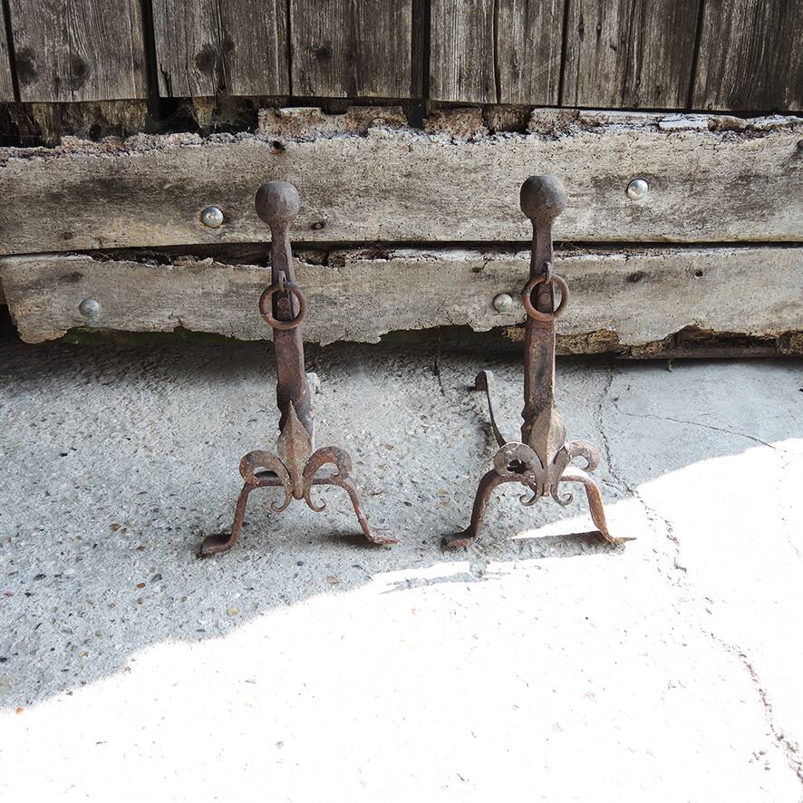 Antique Fleur de Lys Cast Iron Andirons