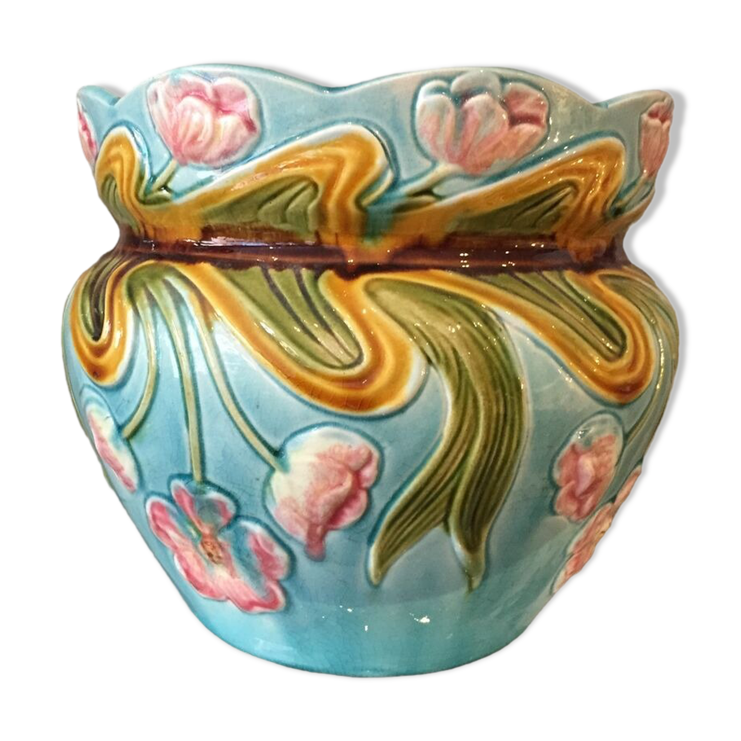 Cache-pot en barbotine decor floral multicolore st clement