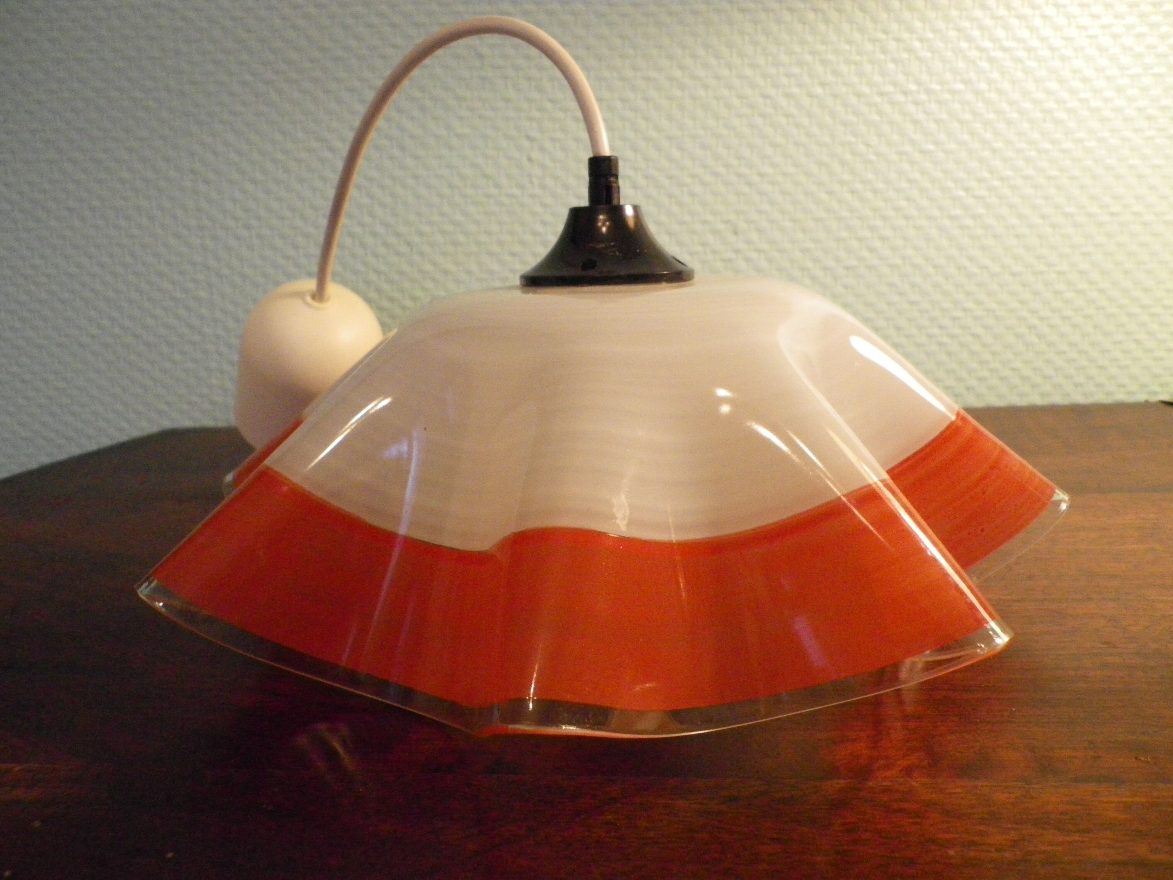 Berlingot pendant lamp from the 60s, white, orange and transparent glass