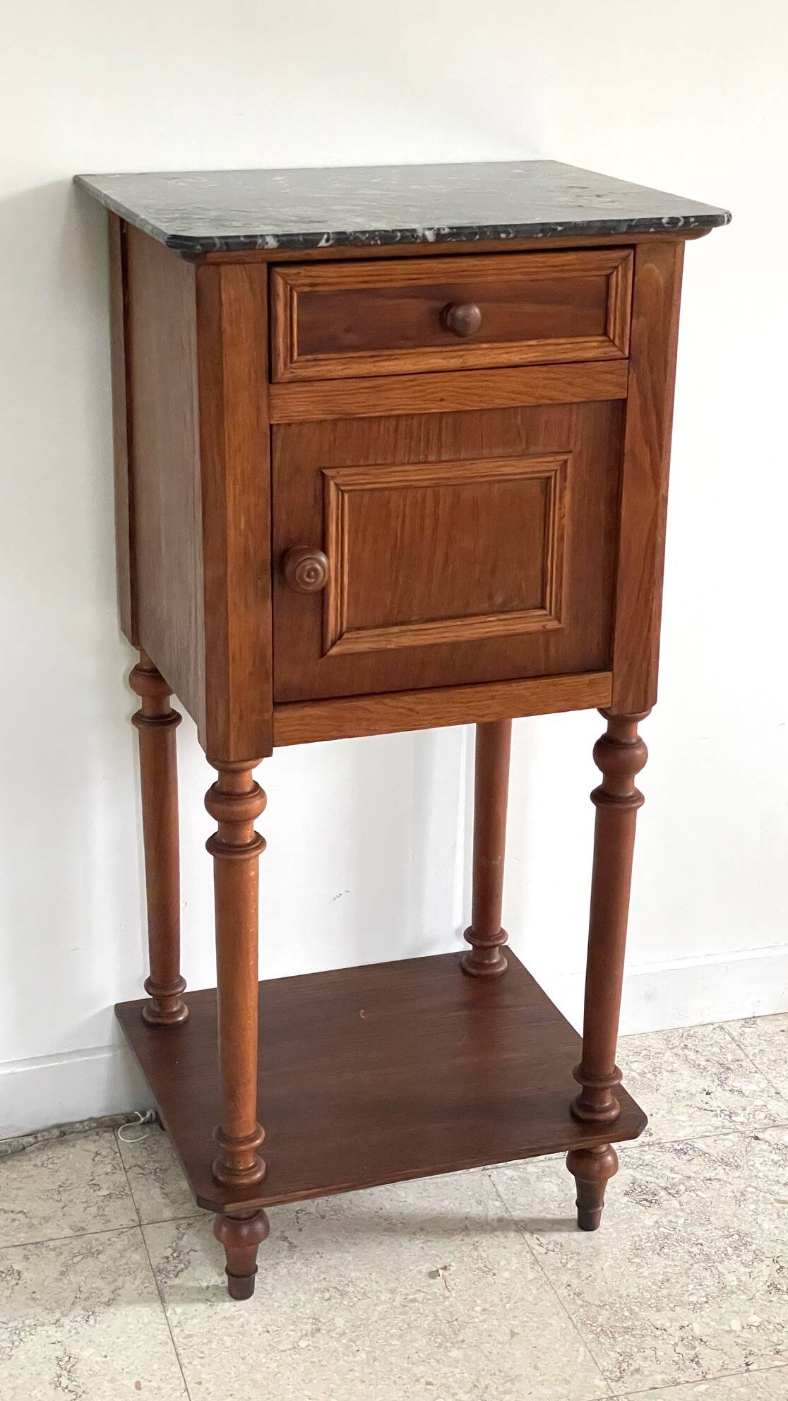Antique bedside table in wood and marble