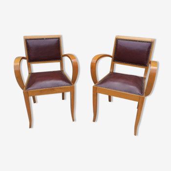 Pair of bridge armchair in brown skaï year 50s