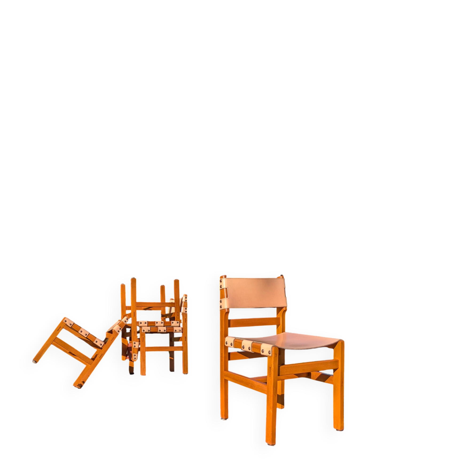 4 solid elm chairs Maison Regain, France 1970s
