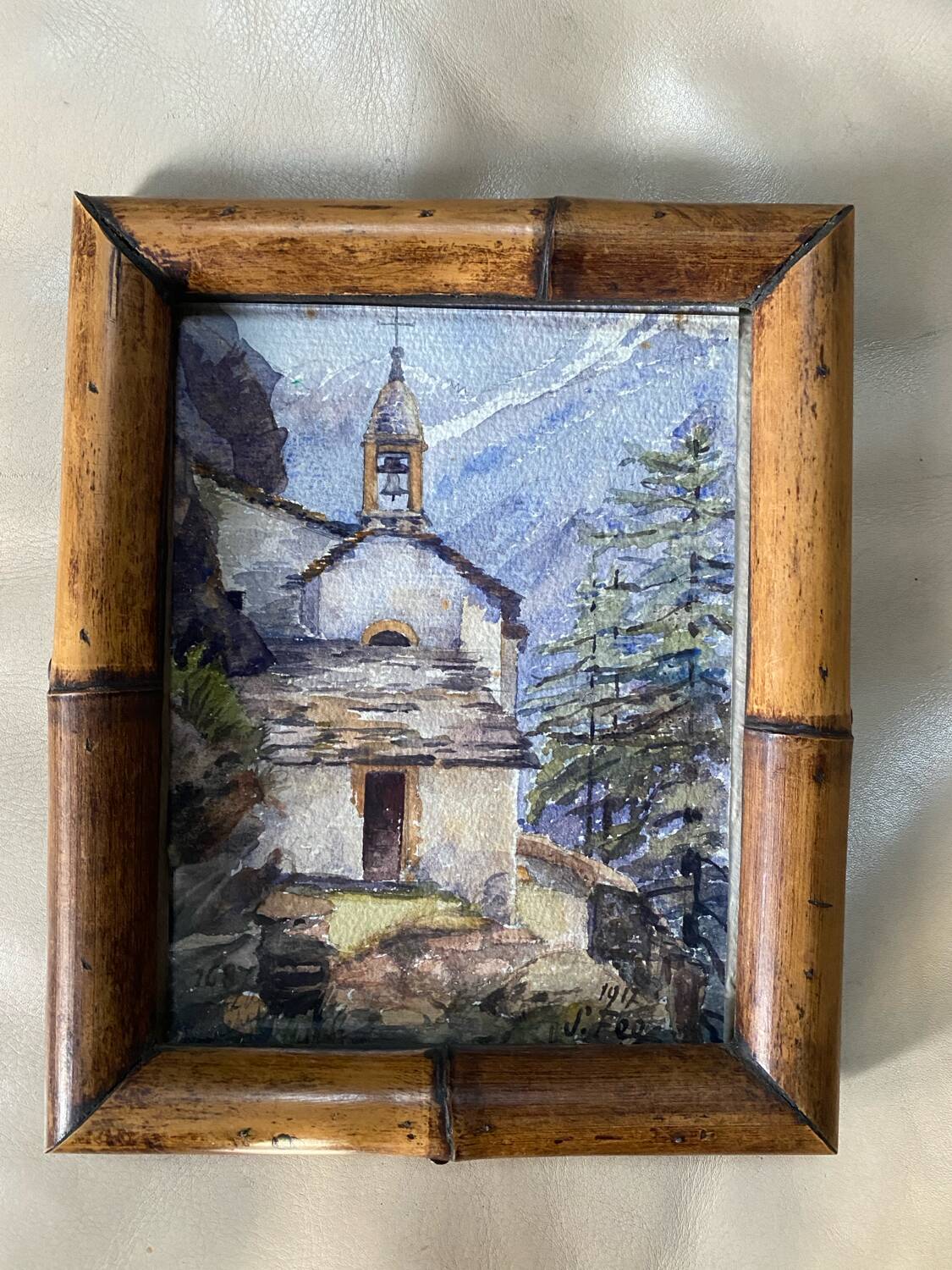 Watercolour "mountain chapel" in an old frame