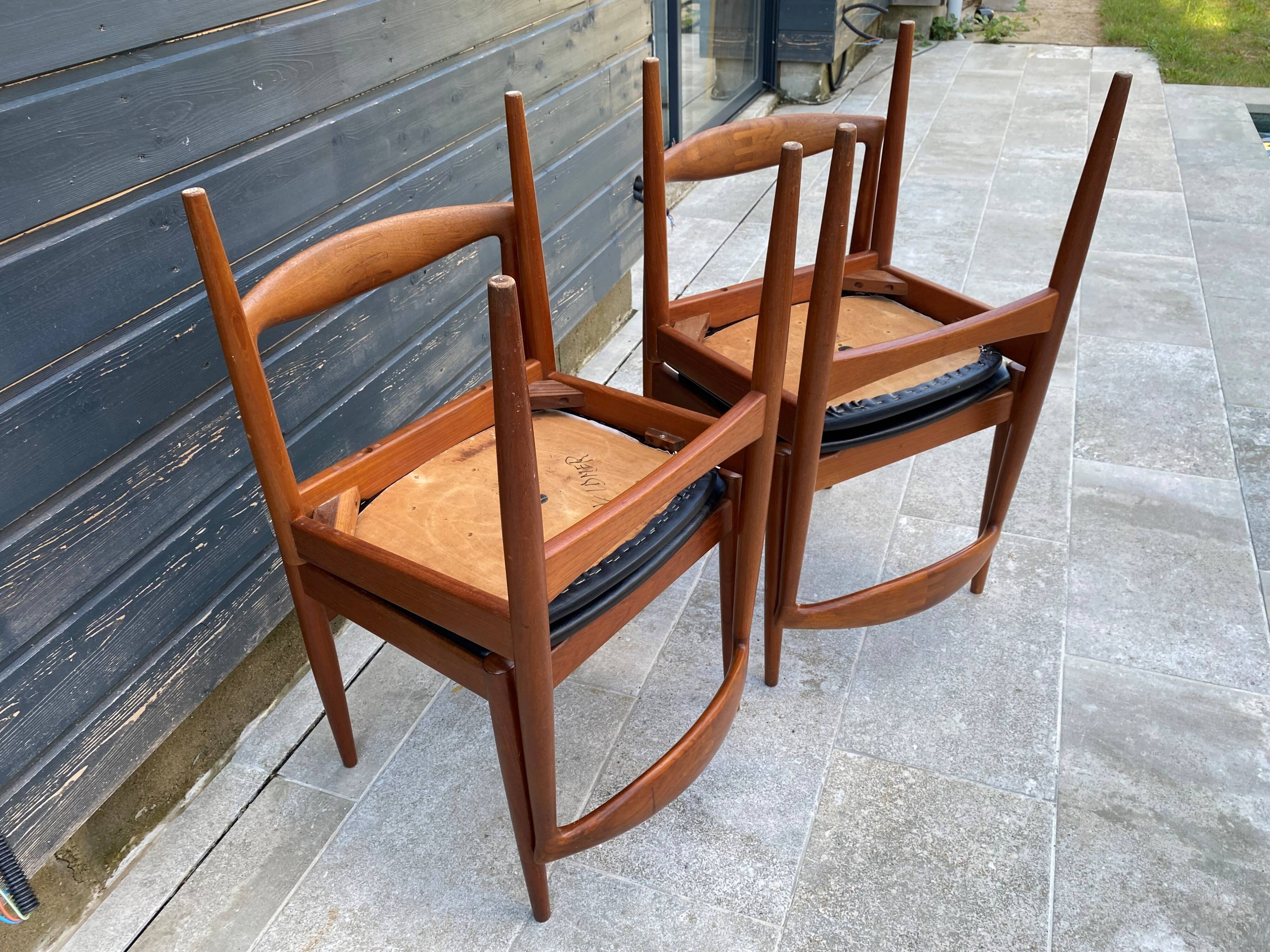 Set of 4 Scandinavian chairs by Johannes Andersen, Vamo Sonderborg, teak and imitation leather, 1960