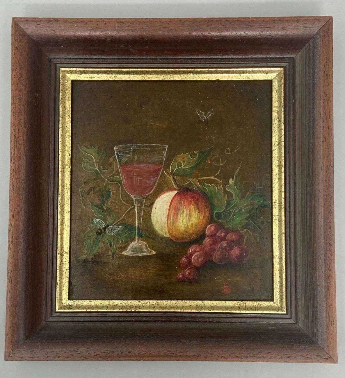 Oil panel monogram eg to identify still life fruits glass wine