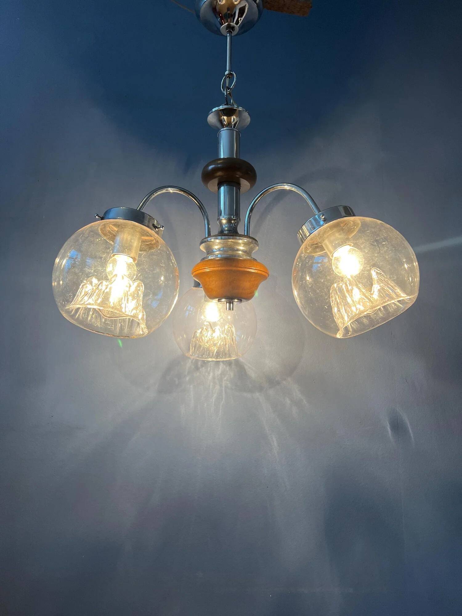 Vintage clear glass Murano chandelier with chrome frame