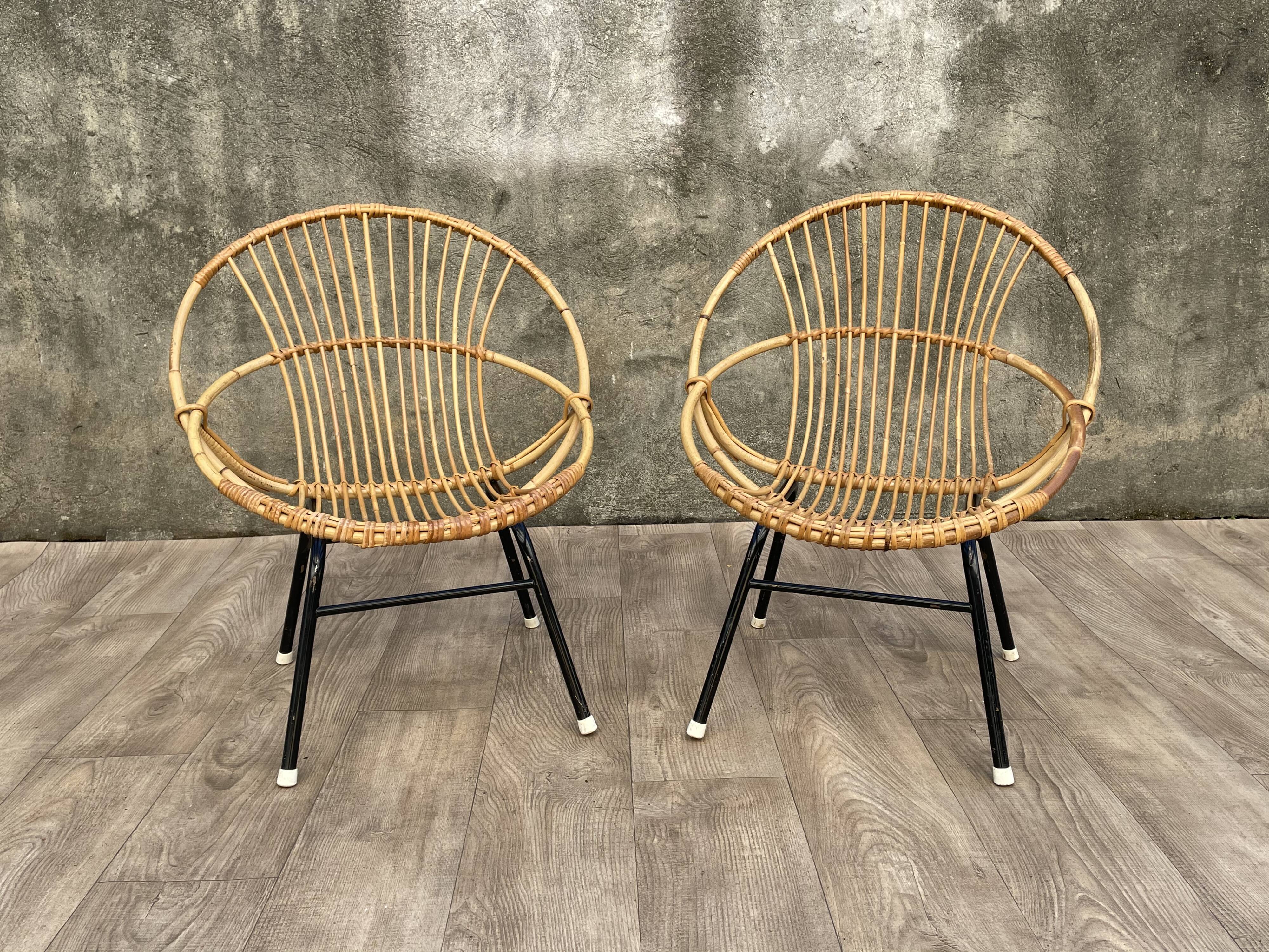 Pair of rattan and metal shell chairs, 1960