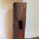 Brutalist lamp Art-populaire in solid wood, wool lampshade